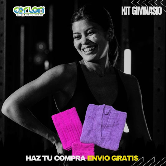 KIT GIMNASIO CON TOALLA DE MANO, MEDIO BAÑO Y BATA.