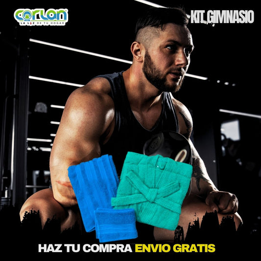 KIT GIMNASIO CON TOALLA DE MANO, MEDIO BAÑO Y BATA.
