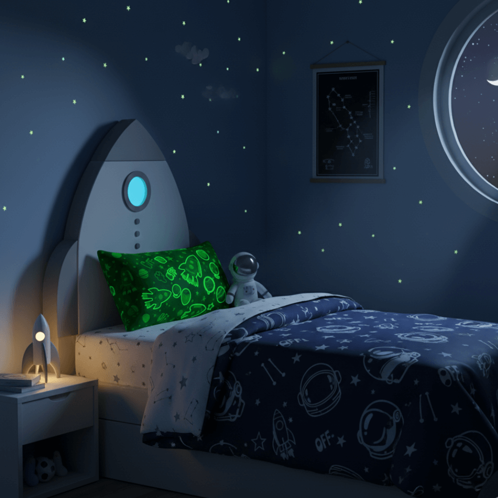 Almohada GRANDE Glow in the Dark Brilla en la Oscuridad  (92.5 cm x 27 cm) · Suave, divertida y luminosa