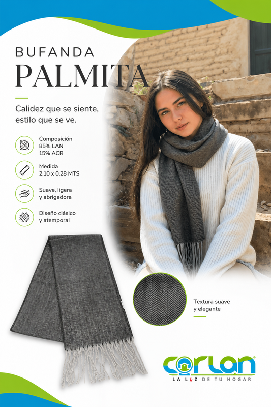 Bufanda Palmita 85% L 15% Acr. 2.10 x 0.28 m | Suave, Cálida y Elegante
