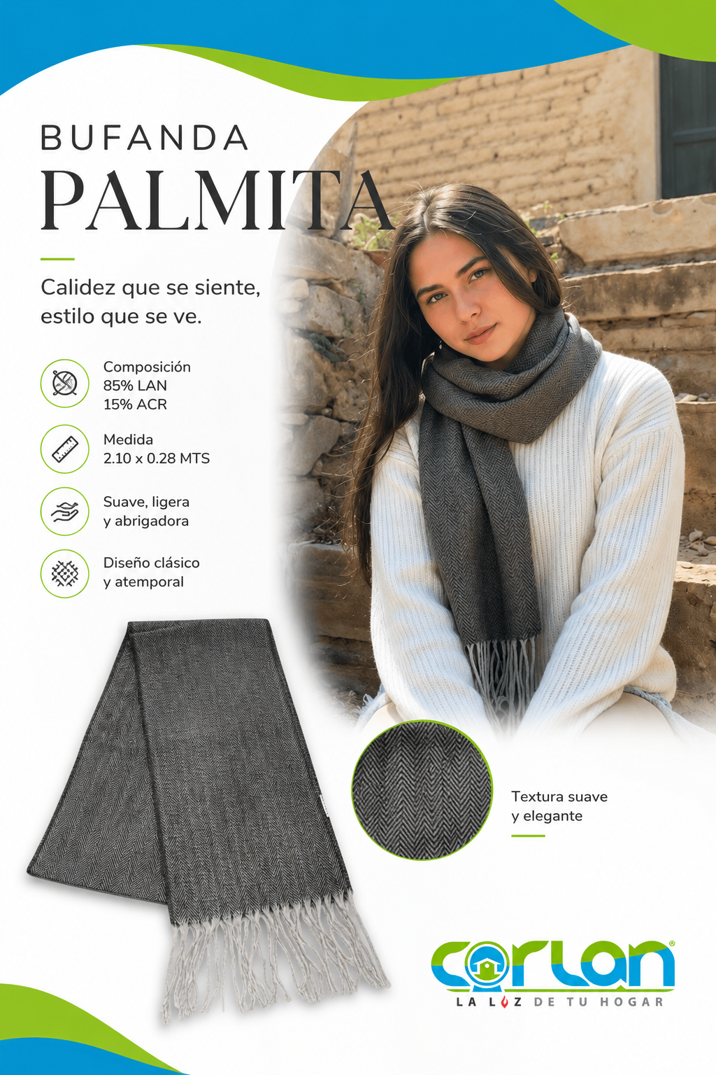 Bufanda Palmita 85% L 15% Acr. 2.10 x 0.28 m | Suave, Cálida y Elegante