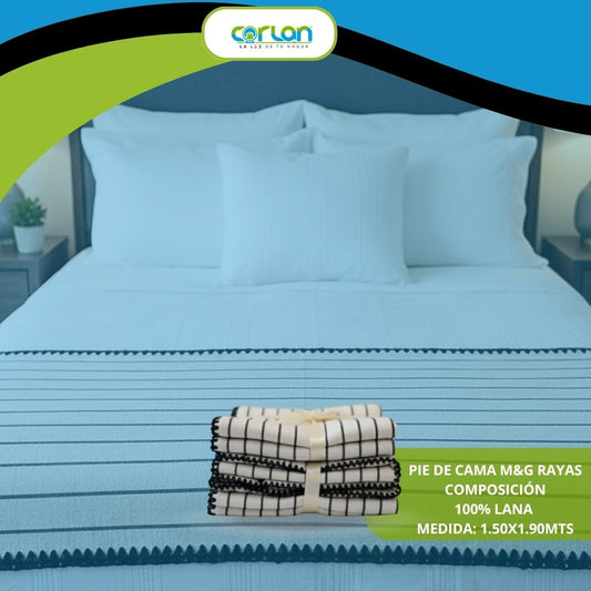 Pie de Cama M&G Rayas 1.50 x 1.90 m | 100% Lana, Elegancia y Calidez para tu Recámara