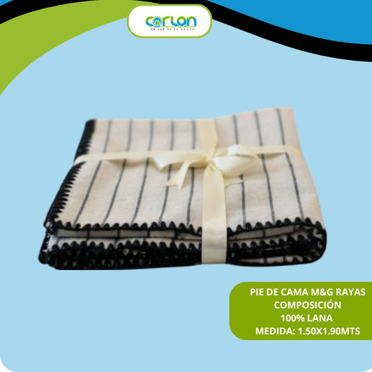 Pie de Cama M&G Rayas 1.50 x 1.90 m | 100% Lana, Elegancia y Calidez para tu Recámara