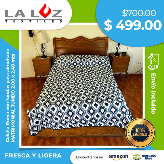 Colcha Roma con fundas para almohada Fresca y Ligera  MATRIMONIAL JUMBO  2.00 x 2.40 mts